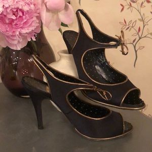 Black satin w gold leather trim peep toe heels